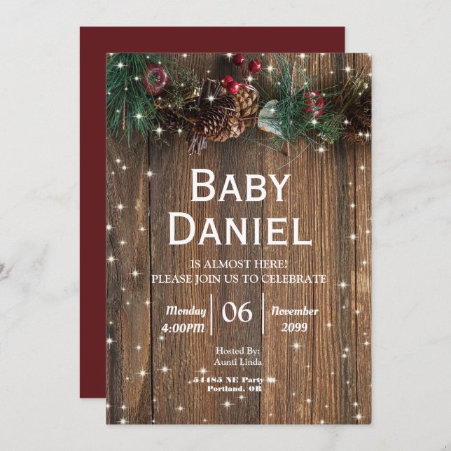 Rustic Wood Country Christmas Pinecone Apples Invitation (Front/Back)