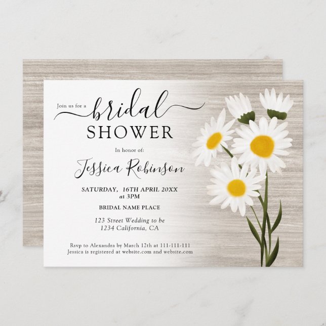 Rustic wood country daisy flowers bridal shower invitation (Front/Back)