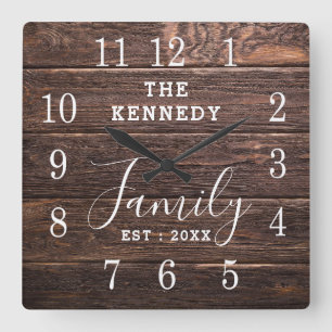 Rustic Wood Country Farmhouse Family Name Square Wall Clock