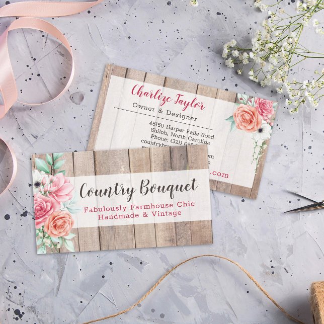 Rustic Wood Country Farmhouse Floral Rose Elegant Business Card (Creator Uploaded)