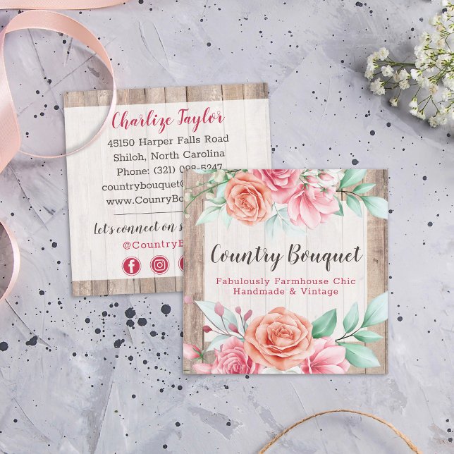 Rustic Wood Country Farmhouse Floral Social Media Square Business Card (Creator Uploaded)
