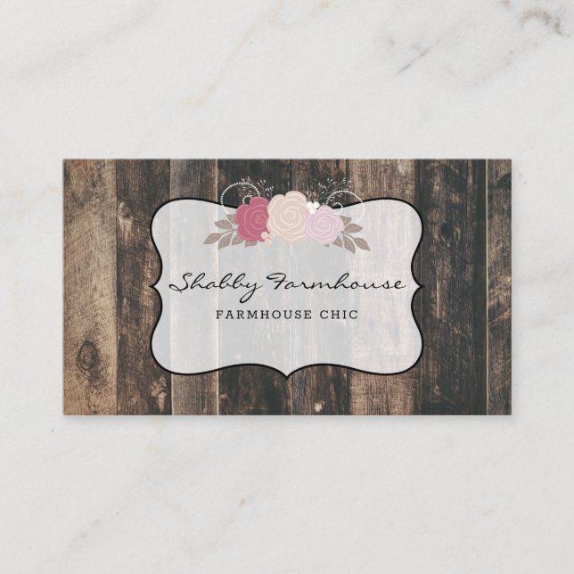 Rustic Wood Country Farmhouse Rose Script  Business Card (Front)