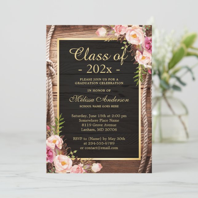 Rustic Wood Country Floral Style Graduation Invitation (Standing Front)