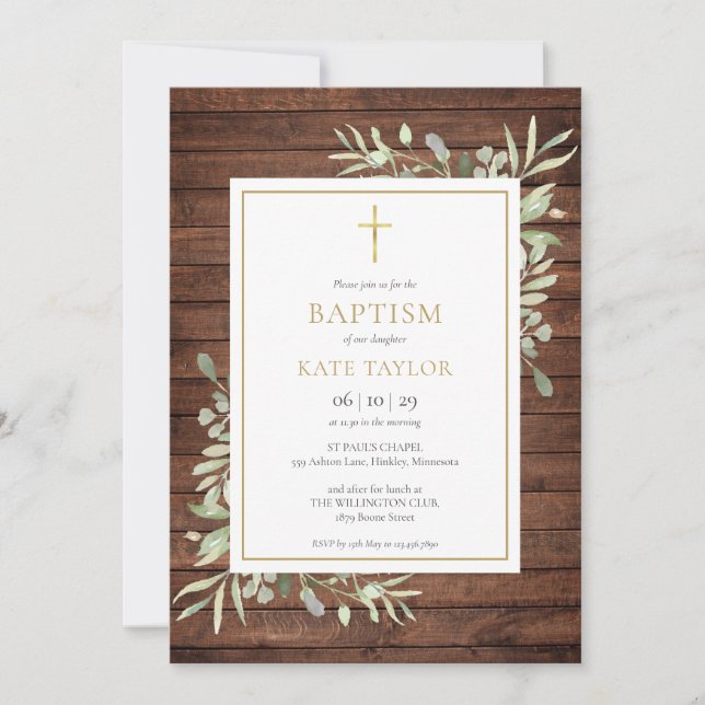 Rustic Wood Country Greenery Baptism Christening Invitation (Front)