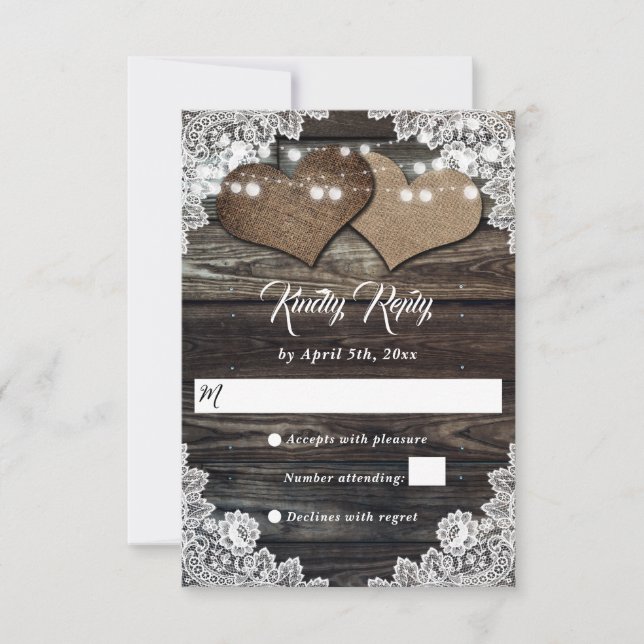 Rustic Wood Country Hearts Floral Lace Wedding RSVP Card (Front)