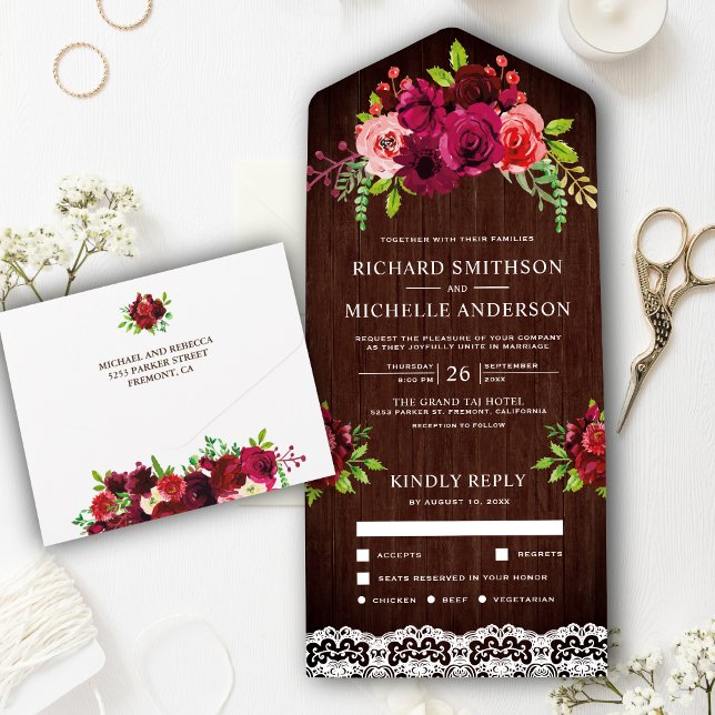 Rustic Wood Country Lace Burgundy Floral Wedding All In One Invitation (Creator Uploaded)