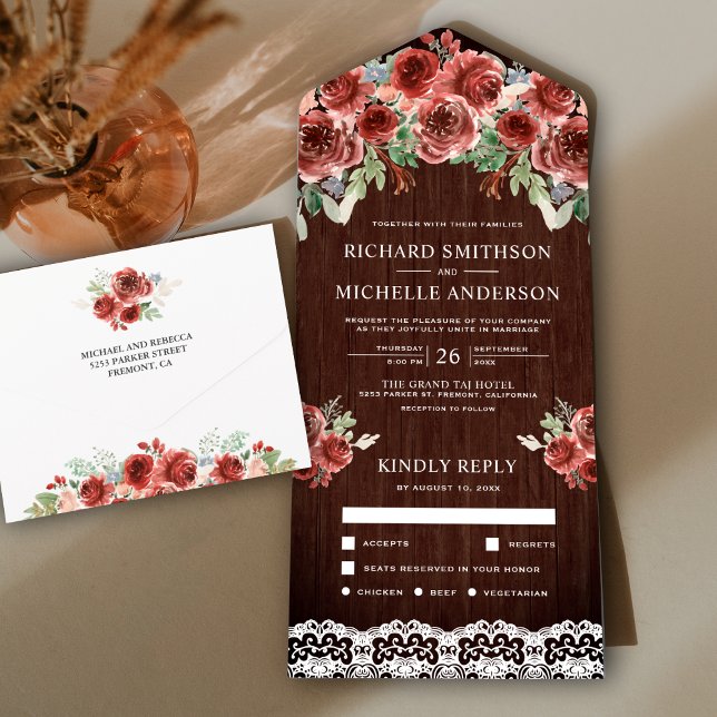 Rustic Wood Country Lace Marsala Floral Wedding All In One Invitation (Creator Uploaded)