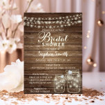 RUSTIC Wood Country Mason Jar Bridal Shower Invitation<br><div class="desc">How lovely are these rustic twinkle string lights with mason jars bridal shower invitations.  Elegant,  country,  outdoor theme with lovely topography letters. Mason jars have faux diamond hearts.  Editable template - very easy to add your information.  Back of Card has FUTURE Mrs. Name.  Get matching stickers!</div>