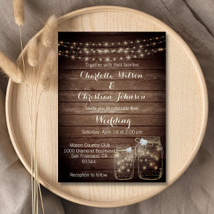 Rustic Wood Country Mason Jar Lights Wedding Invitation