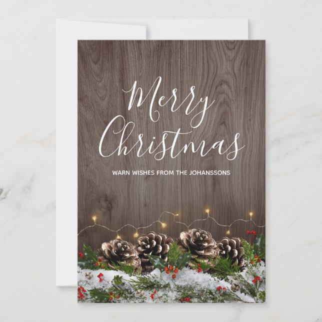 Rustic Wood Country Pines Lights & Snow Christmas Holiday Card (Front)