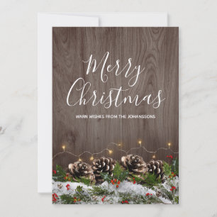 Rustic Wood Country Pines Lights & Snow Christmas Holiday Card