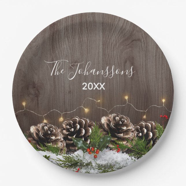 Rustic Wood Country Pines Lights & Snow Christmas Paper Plate (Front)