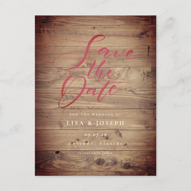 Rustic Wood Country Script Save the Date Postcard (Front)