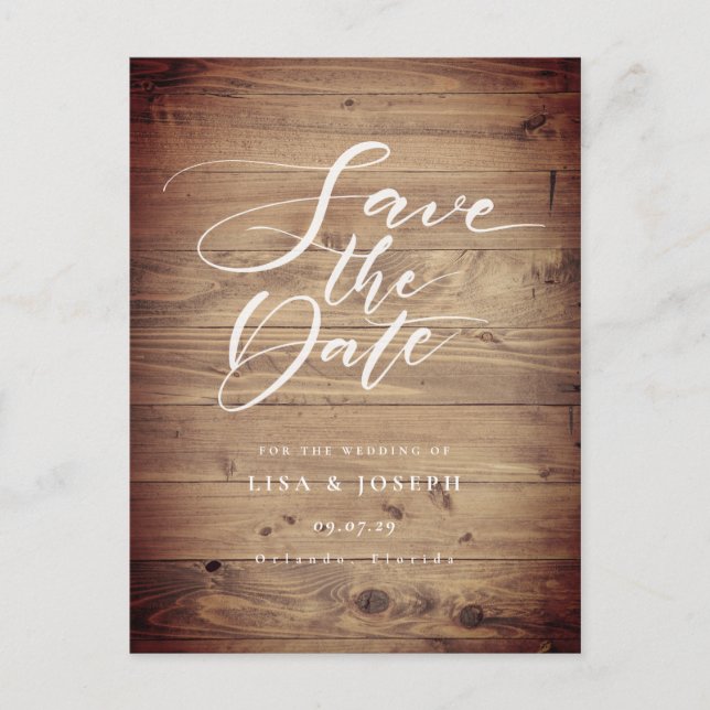 Rustic Wood Country Script Save the Date Postcard (Front)