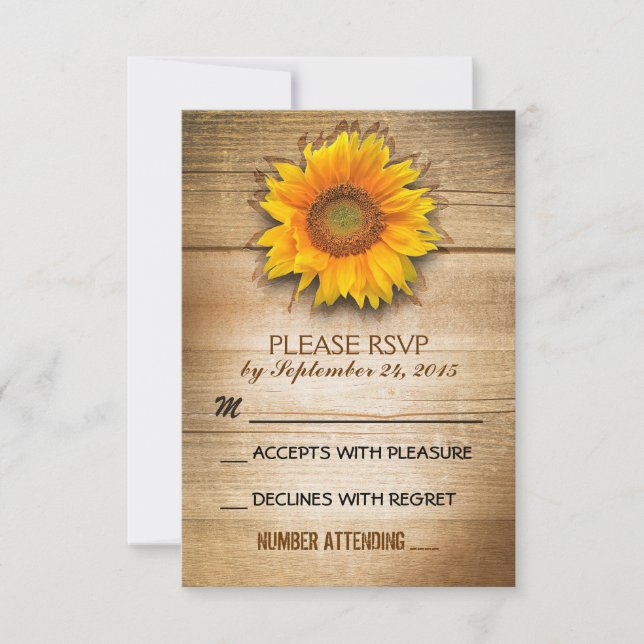 rustic wood country sunflower wedding RSVP Card (Front)