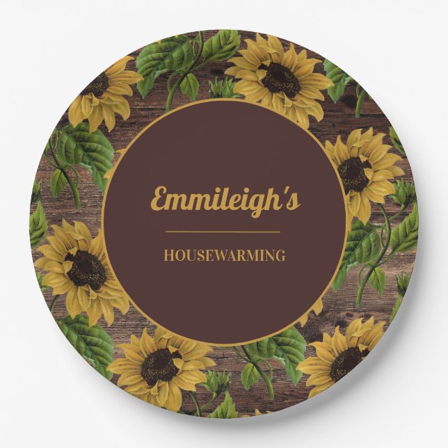 Rustic Wood Country Sunflowers Housewarming Paper Plate (Front)
