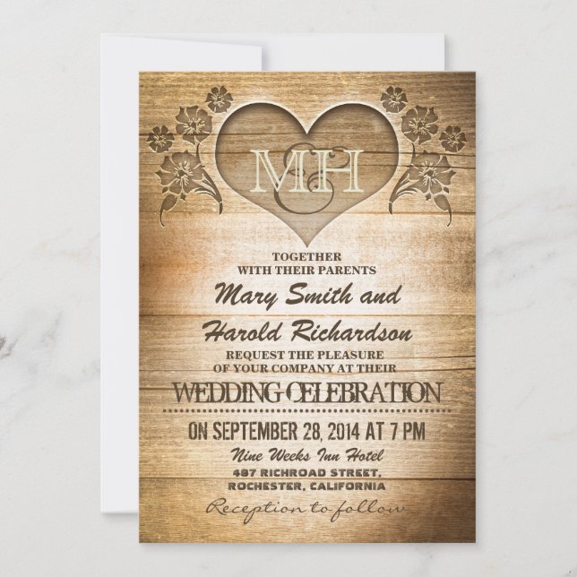 rustic wood country wedding invitations (Front)