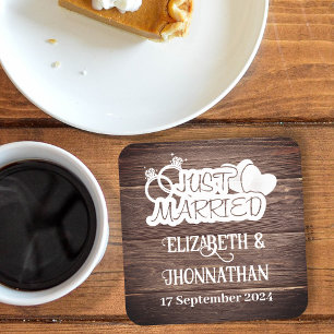 Rustic Wood Country Wedding White Just Married Square Paper Coaster
