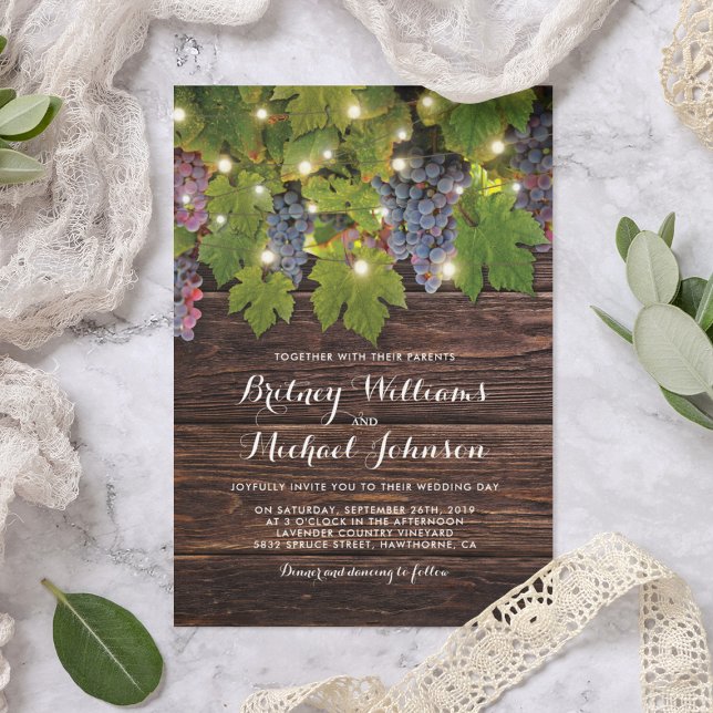 Rustic Wood Country Winery Twinkle Lights Wedding Invitation (Creator Uploaded)