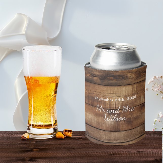 Rustic Wood Couples Photo Country Wedding  Can Cooler (Creator Uploaded)
