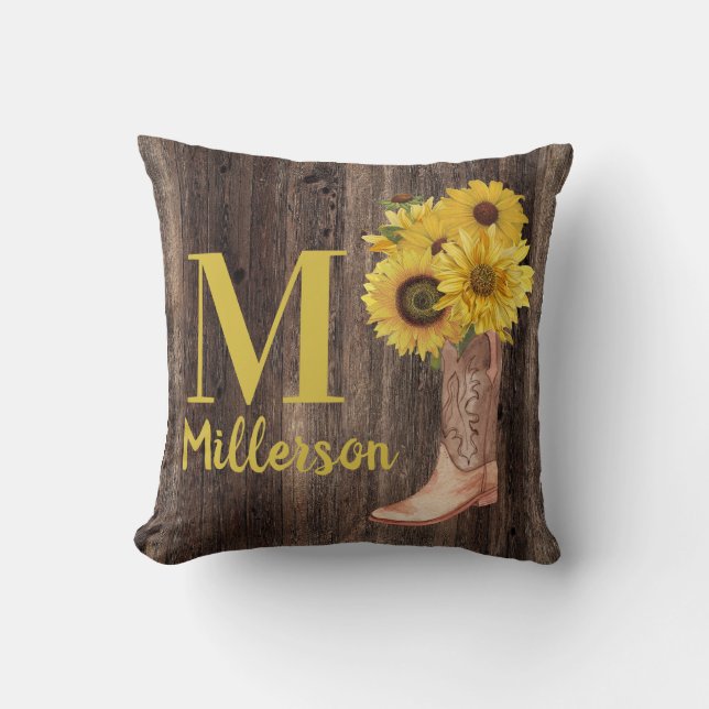 Rustic Wood Cowgirl Boots Sunflowers Monogram Name Cushion (Front)