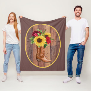 Rustic Wood Cowgirl Boots Sunflowers Roses  Fleece Blanket