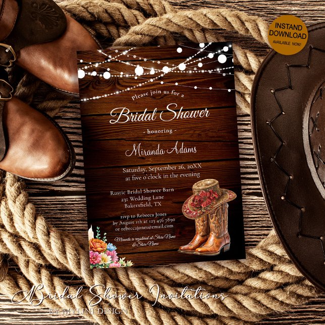 Rustic Wood Cowgirl Boots Western Bridal Shower Invitation (Creator Uploaded)
