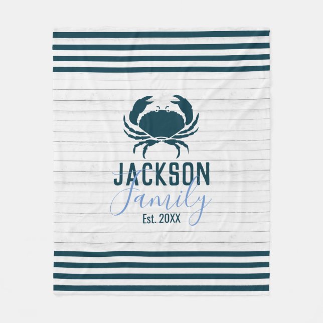 Rustic Wood Crab Custom Family Coastal Fleece Blanket (Front)