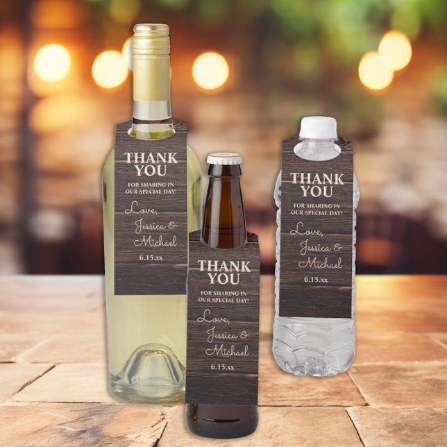 Rustic Wood Cream Wedding Thank You Bottle Tag (Rustic wood wedding "Thank you" bottle hangers)