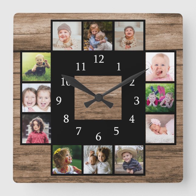 Rustic Wood Create Your Own 12 Photo Collage Square Wall Clock (Front)