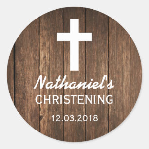 Rustic Wood Cross Baptism Christening Sticker