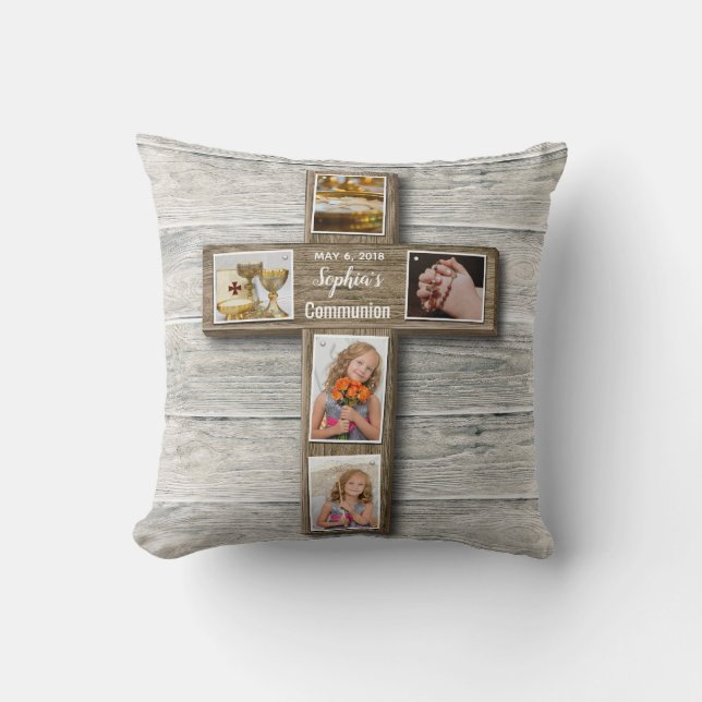 Rustic Wood Cross First Communion Photo - Pillow (Front)