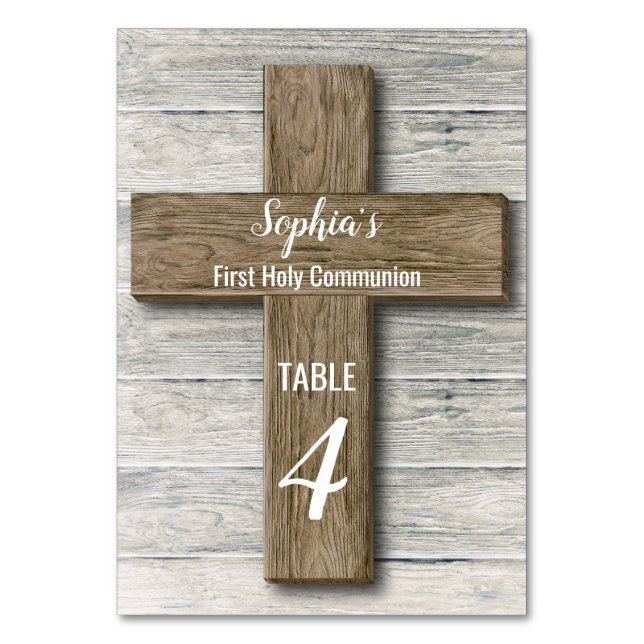 Rustic Wood Cross First Communion - Table Card (Front)