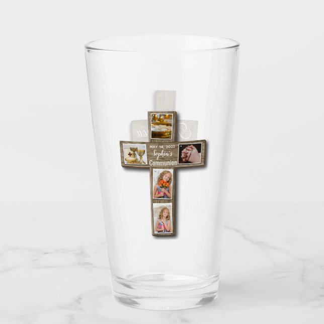 Rustic Wood Cross First Holy Communion Photo Glass (Front)
