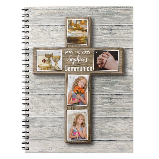Rustic Wood Cross First Holy Communion Photo Notebook (Front)