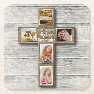 Rustic Wood Cross First Holy Communion Photo Square Paper Coaster