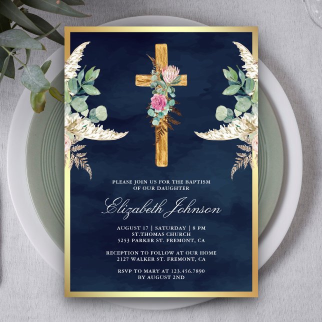 Rustic Wood Cross Pampas Eucalyptus Navy Baptism Invitation (Creator Uploaded)
