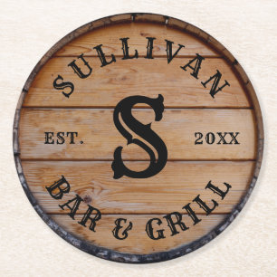 Rustic Wood Custom Family Name Monogram Initial  Round Paper Coaster