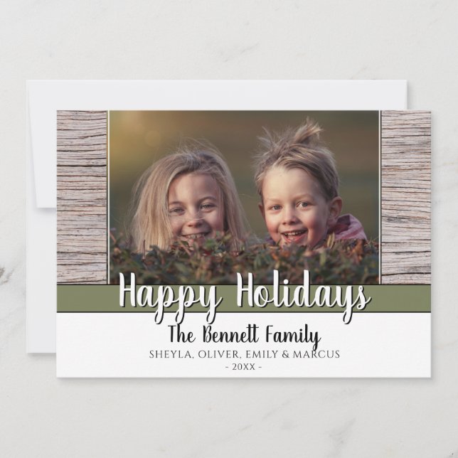 Rustic Wood Custom Family Photo Merry Christmas Holiday Card (Front)