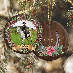 Rustic Wood Custom Horse Photo Christmas Ceramic Tree Decoration