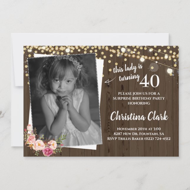 Rustic Wood Custom Photo Floral Women Birthday Invitation (Front)