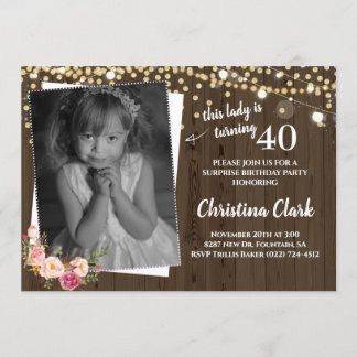 Rustic Wood Custom Photo Floral Women Birthday Invitation