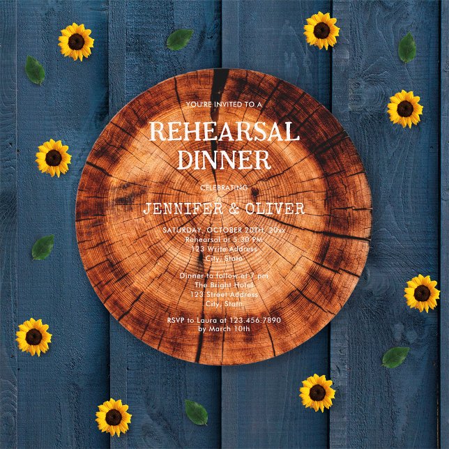 Rustic Wood Cut Slice Wedding Rehearsal Dinner Invitation (Creator Uploaded)