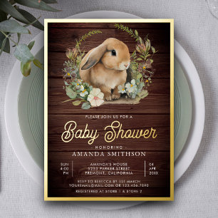 Rustic Wood Cute Bunny Floral Baby Shower Gold