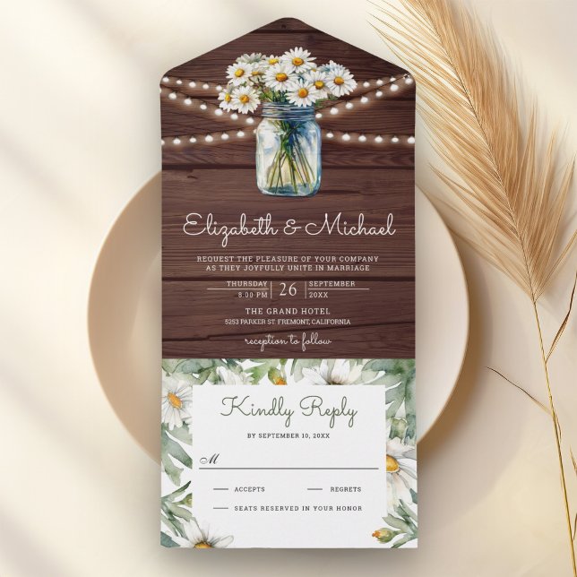 Rustic Wood Daisies Floral Mason Jar Wedding All In One Invitation (Creator Uploaded)