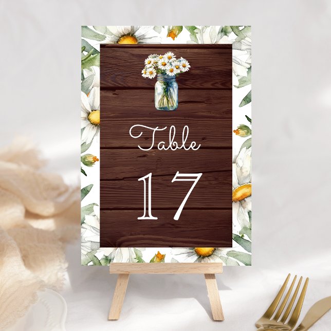 Rustic Wood Daisies Floral Mason Jar Wedding Table Number (Creator Uploaded)