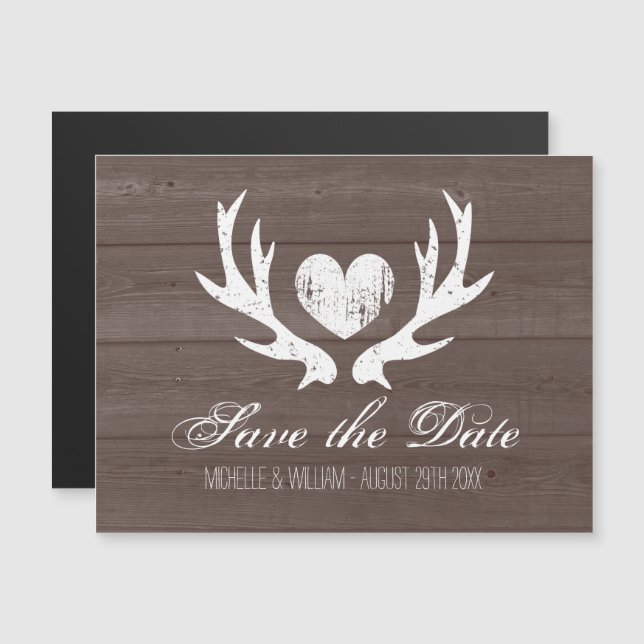 Rustic wood deer antler wedding save the date magnetic invitation (Front/Back)