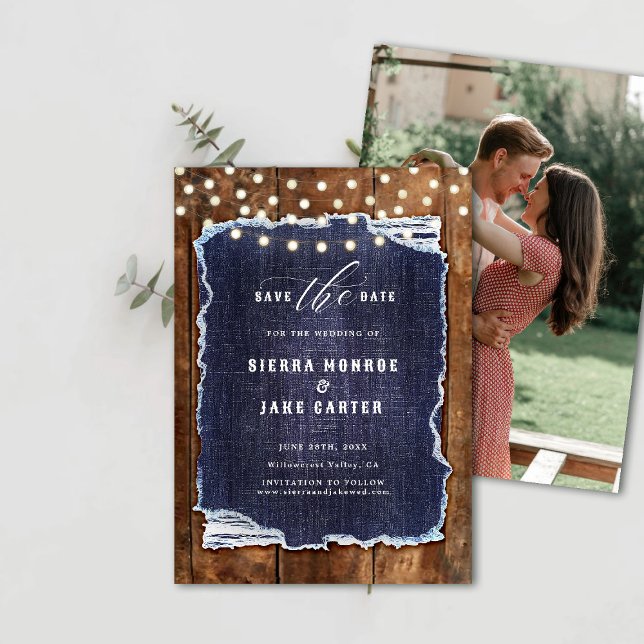 Rustic Wood Denim Photo Cowboy Wedding Save Date Invitation (rustic wedding save the date cowboy barn wood denim string lights ranch country western backyard)