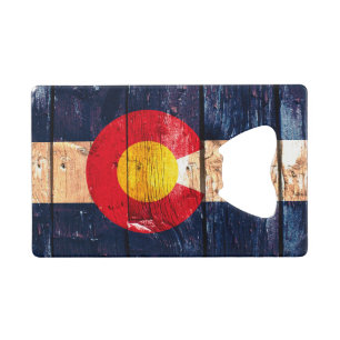 Rustic wood Denver Colorado flag card bottle open