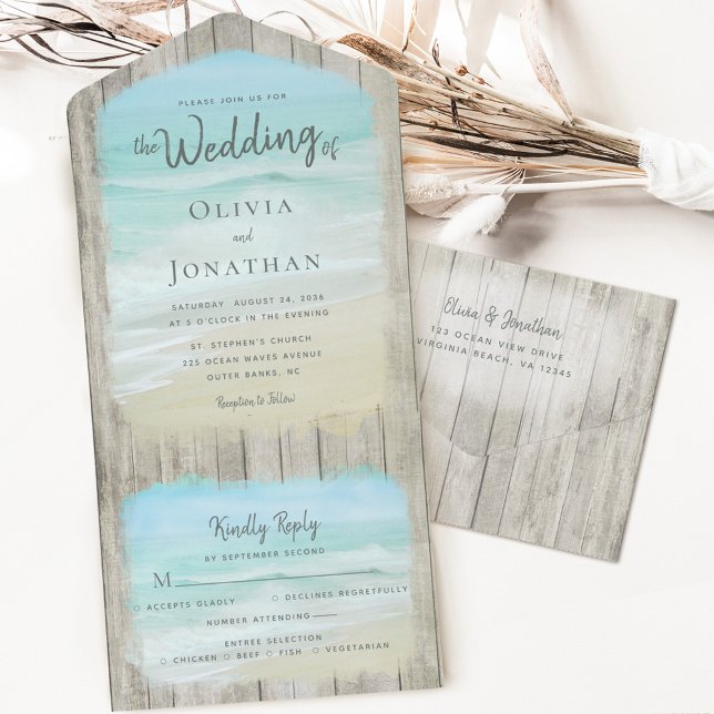 Rustic Wood Destination Ocean Beach Wedding All In One Invitation (Creator Uploaded)